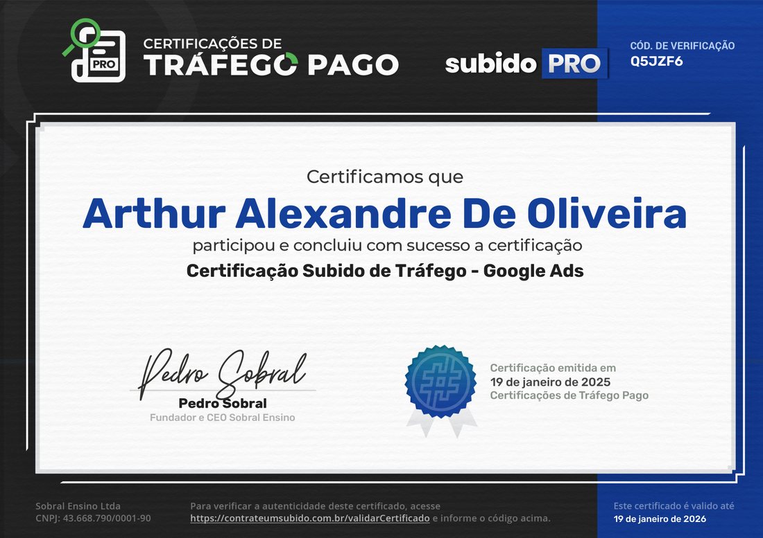 Certificação Subido PRO em Google Ads de Arthur Alexandre, emitida por Sobral Ensino